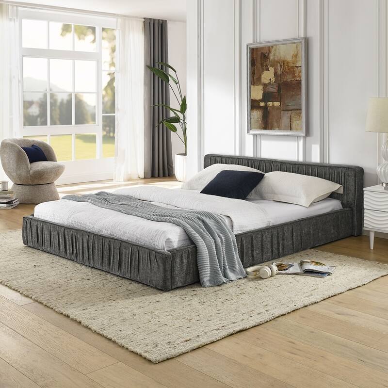 Chenille fabric Queen Size Upholstered Bed Frame