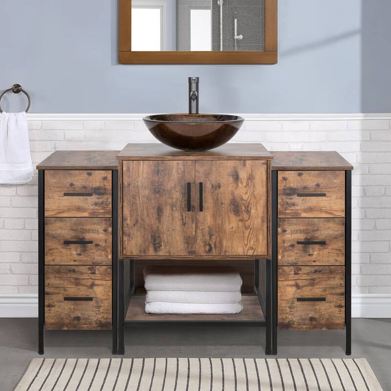 48" Bathroom Vanity Set Organizer Top Vessel Sink W/ Faucet Drain Cabinet Combo - brown round sink