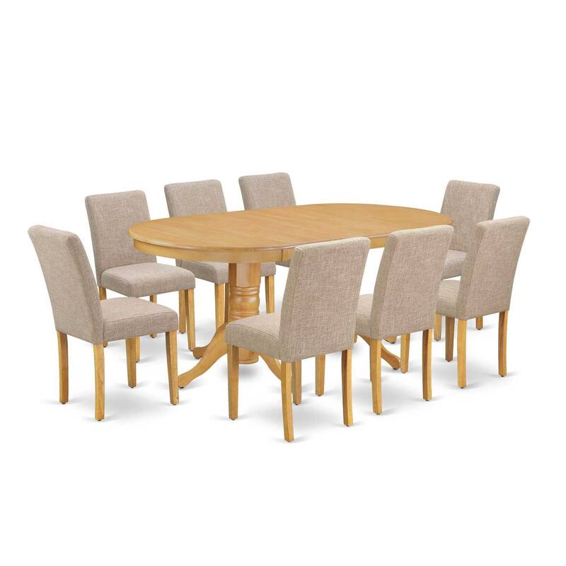 French Country Kitchen Dining Set - 9 Piece Table & Chair Set with Leaf, Oak Legs, Linen Fabric