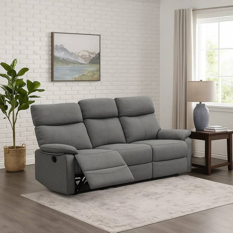 Fery 74 Inch Manual Recliner Sofa, 3 Seater, Gray Burlap Upholstery, Wood