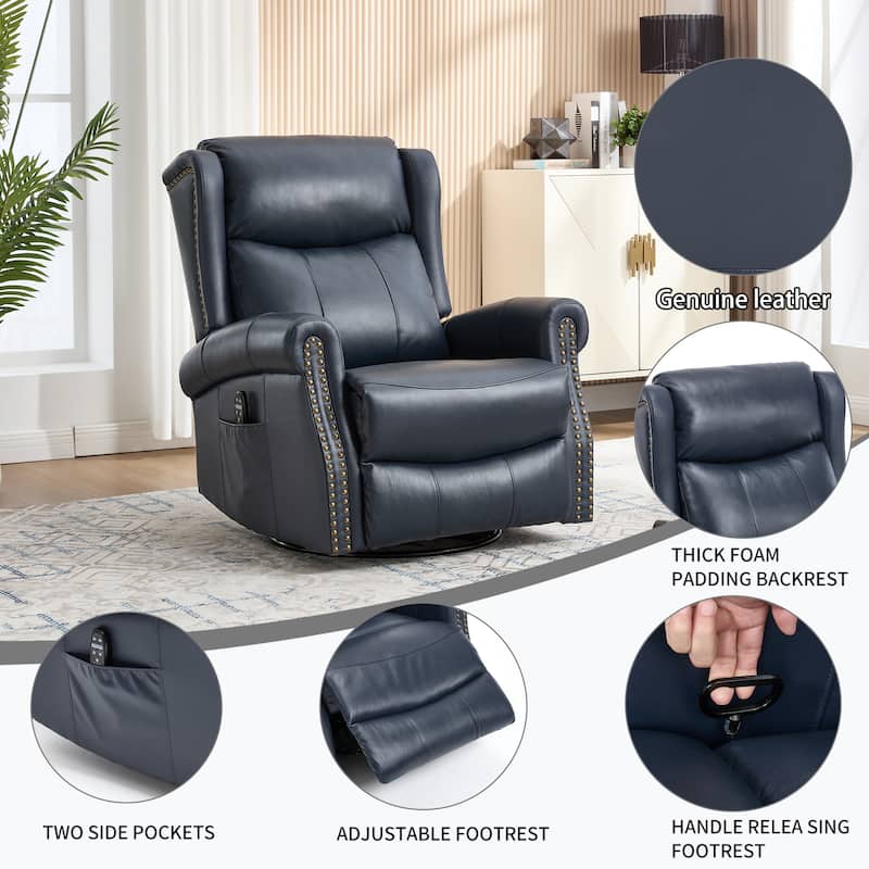 360° Swivel Rocking Recliner with Heat & Massage, Genuine Leather