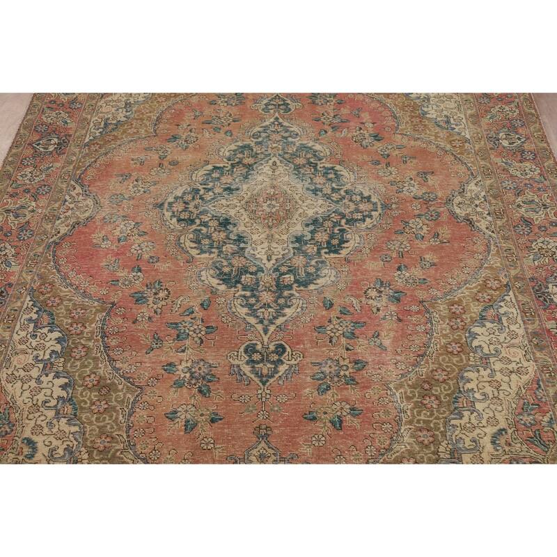Medallion Tabriz Persian Vintage Rug Hand-Knotted Orange Wool Carpet - 7'9"x 10'7"