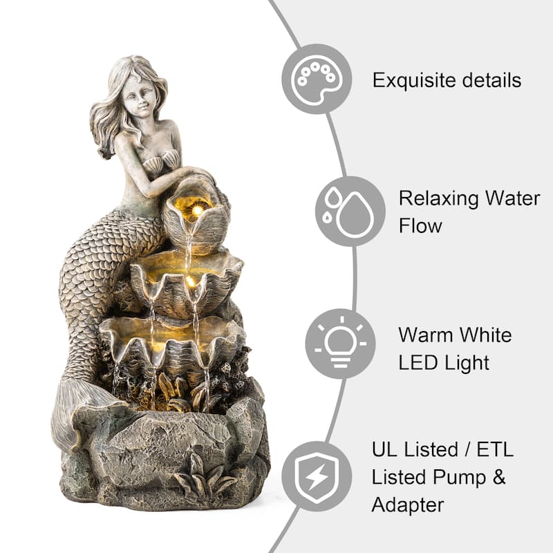 Glitzhome 22"H 4-Tiered LED Lighted Mermaid Fairy Polyresin Outdoor Floor Statue Fountains
