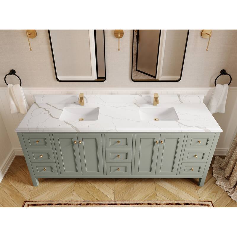 Willow Collections 84 in. W x 22 in. D Nashville Double Bowl Sink Bathroom Vanity with Countertop - 1.5"Calacatta Laza - Evergreen