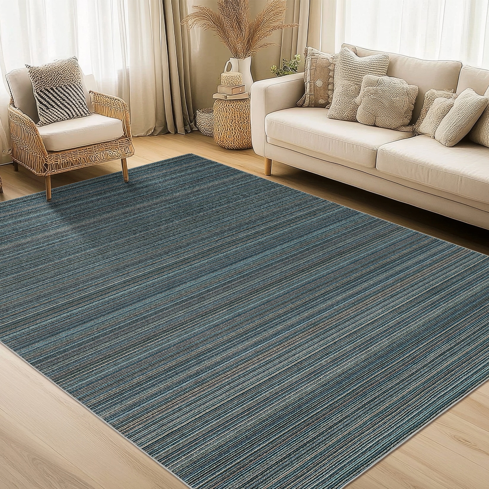 Modern Striped Area Rugs for Living Room, Washable Soft Non Slip Low Pile Rug