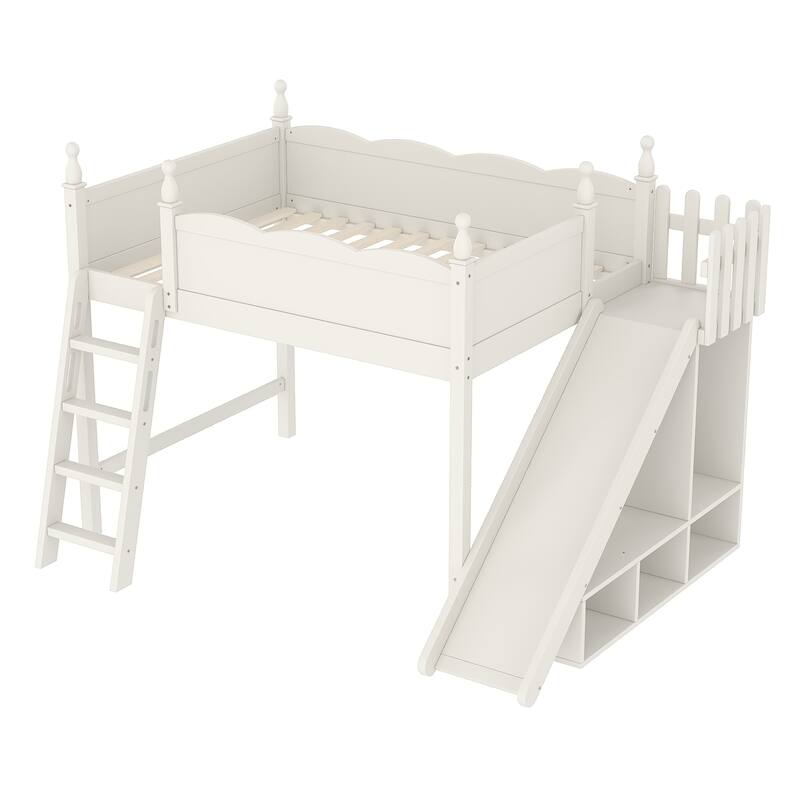 Full Loft Bed with Storage Shelves and Wardrobe, Solid Wood Loft Beds with Detachable Slide and Ladders, No Spring Box Needed