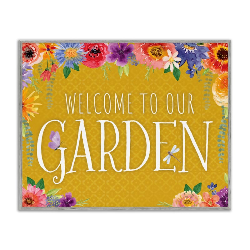 Stupell Garden Welcome with Floral Border Framed Giclee Art Design By Nicole DeCamp - 14 x 11 - Grey