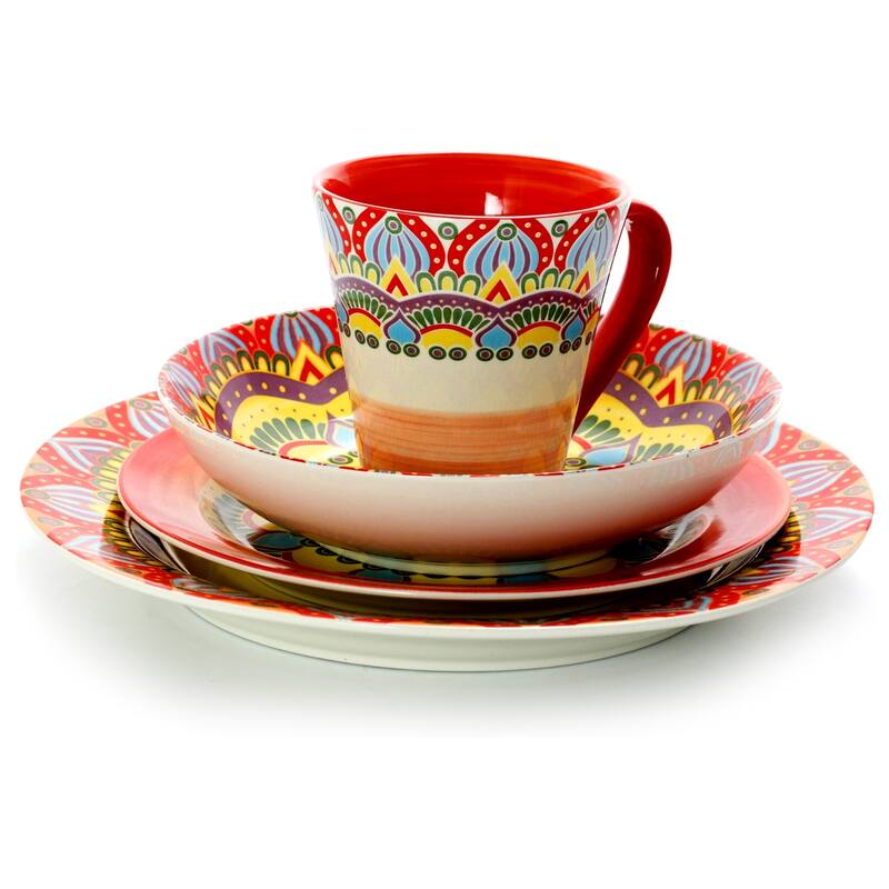 Intricate Floral Pattern Round Stoneware Dinnerware Set in Rose 16 Pieces