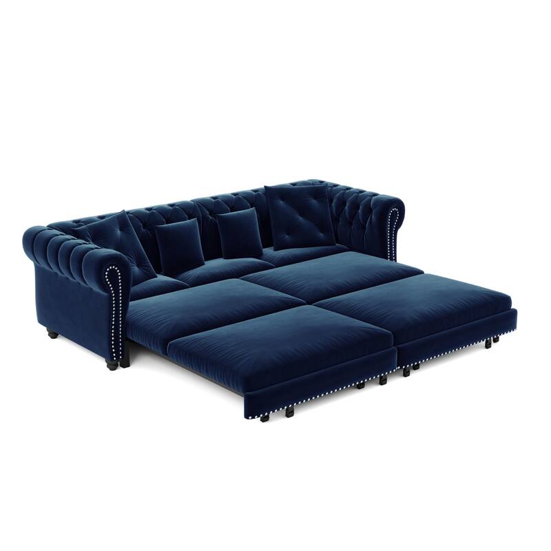 89" Chesterfield Pull Out Sofa Bed - Velvet 3-in-1 Convertible Sleeper with Chaise & Ottoman, King Size Sleeper Sofa
