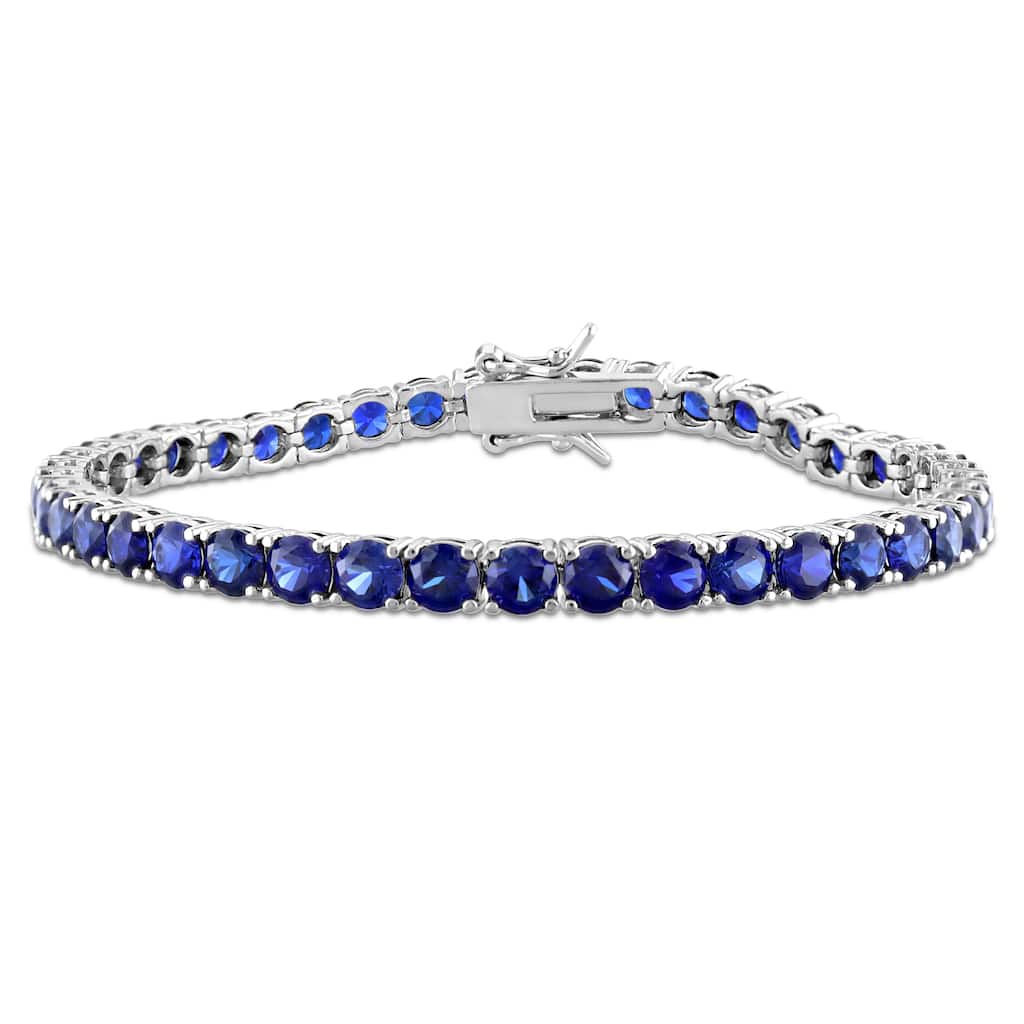 Miadora 14-1/2ct TGW Created Blue Sapphire Classic Tennis Bracelet Sterling Silver