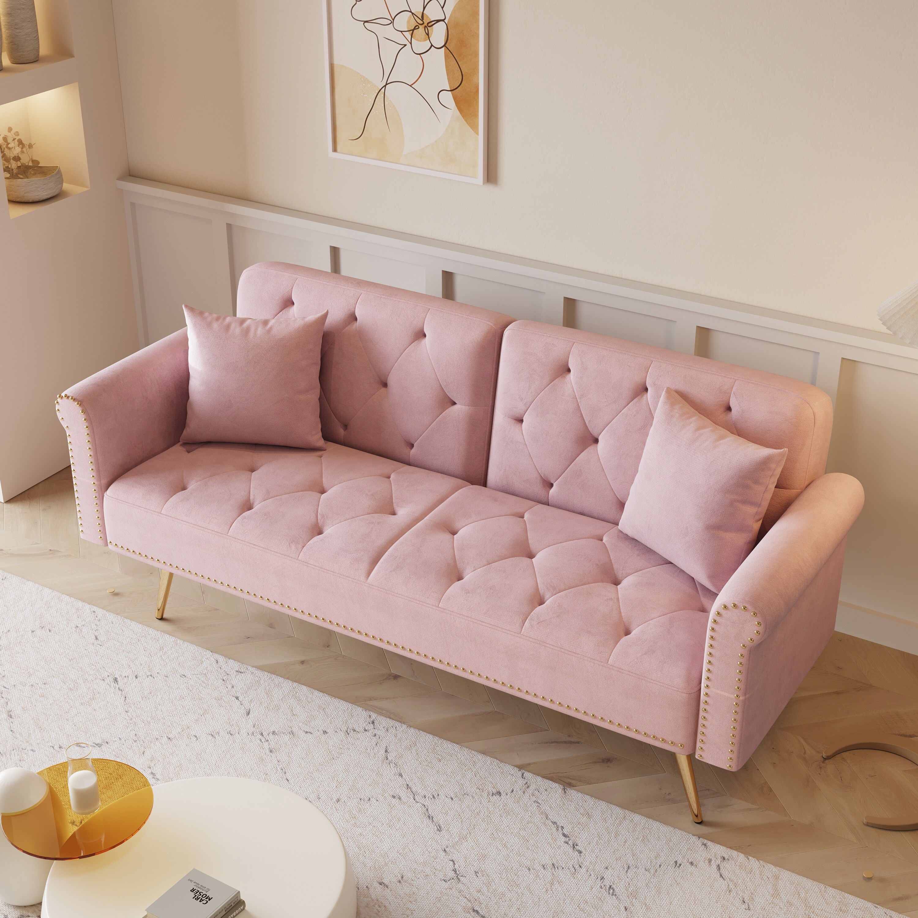 Pink 69.7 Velvet Sleeper Sofa with Nailhead Trim Sponge Cushions and Throw Pillows Bed Bath Beyond 41126845