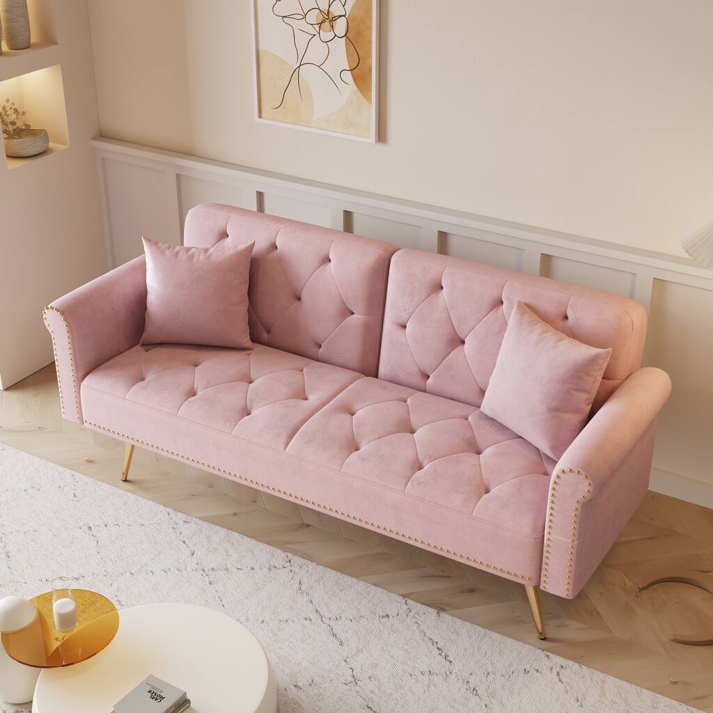 Velvet Tufted Futon Sofa Bed with Pillows and Nailhead Trim