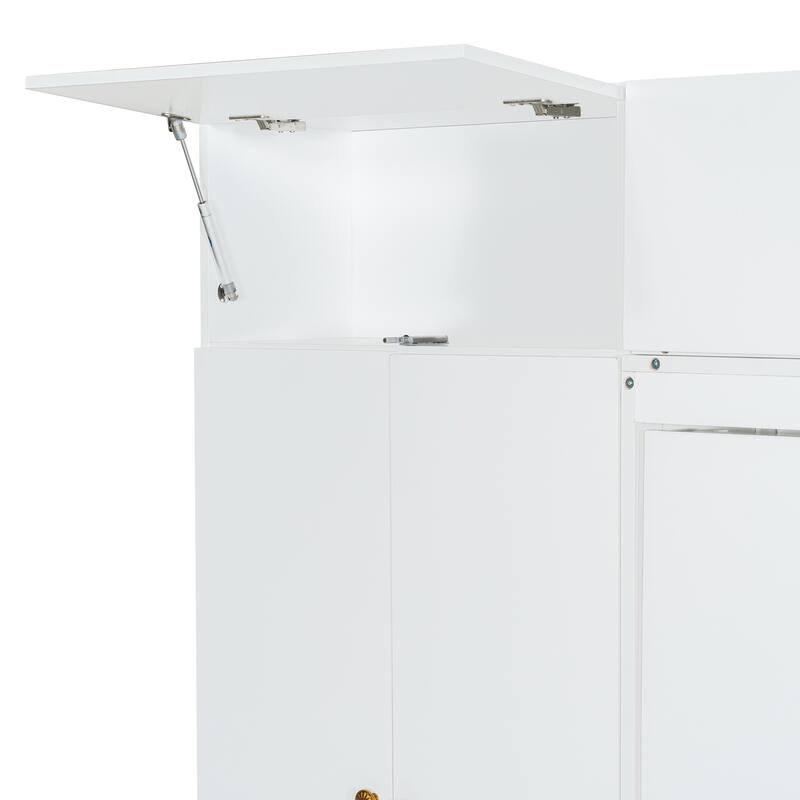 Queen Size Wall Bed with Sofa and Shelves, Space-Saving Design, White Panel, Green Sofa