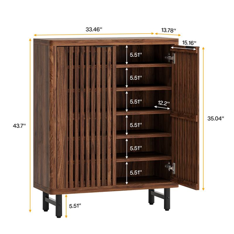 33" Modern Walnut Wooden 6-Tier Shoe Cabinet with Louvered Doors