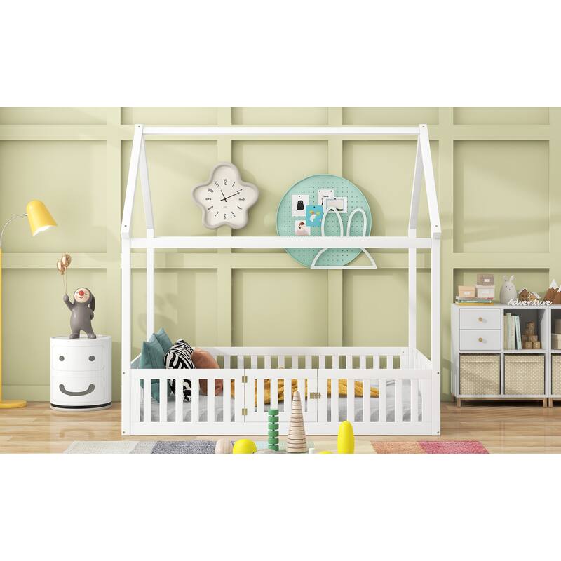 Full Size White Wood House Bed with Fence and Door for Kids