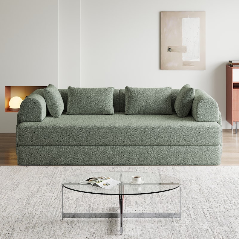 Chenille Floor Lounge Couch Convertible Sleeper Sofa Bed Folding Mattress with Cylindrical Pillow, Side Pocke and Metal Frame - Green