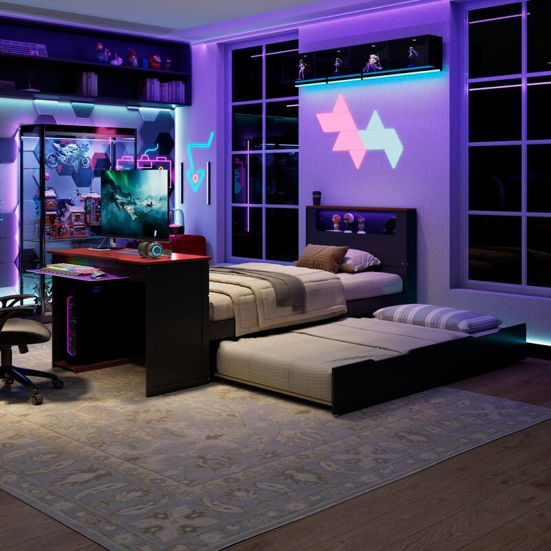 Wood Daybed with Trundle & Built-in Desk, LED Lights & USB Charging Port, Available in Full or Twin