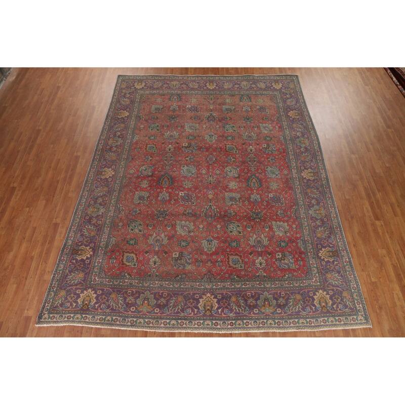 Hand Knotted Oriental 100% Wool Carpet Traditional All-Over Pink Tabriz Area Rug - 12' 8'' X 9' 8''