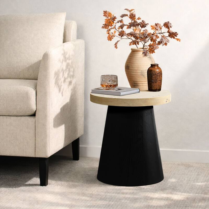 Light Wood Finish Top with Black Base Manufactured Wood Round Side Table - 18.9" H x 17.7" Diameter
