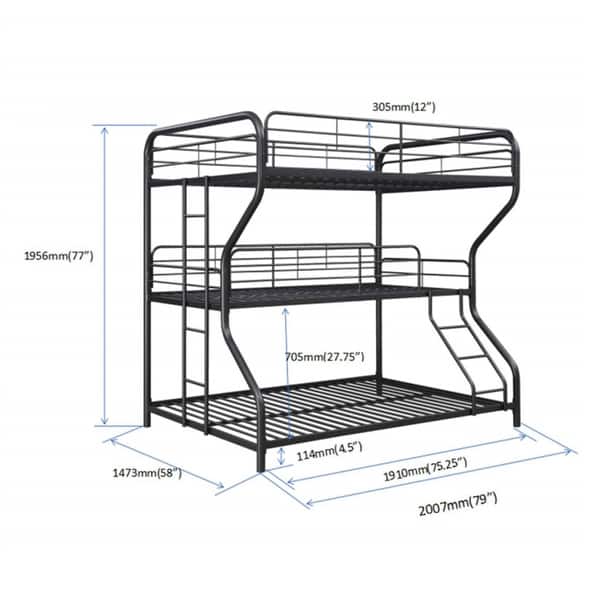 Black Full over Twin over Full Size Metal Furniture Triple Bunk Bed with Ladder and Fence for Bedroom