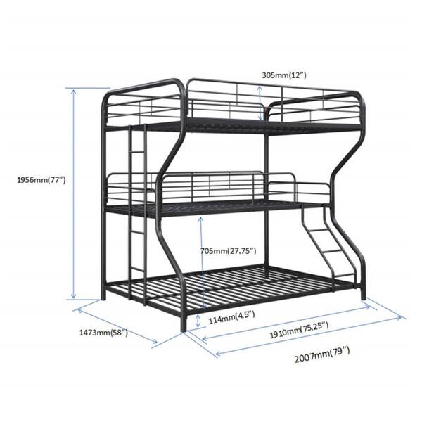 dimension image slide 2 of 3, Twin-Twin-Twin Metal Triple Bunk Bed No Box Spring Needed, Metal Structure Bedframe Bunk Bed Easy Assembly for Dorm Apartment