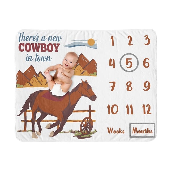 slide 2 of 6, Wild West Cowboy Collection Boy Baby Monthly Milestone Blanket - Red Blue and Tan Western Southern Country Horse Mountains
