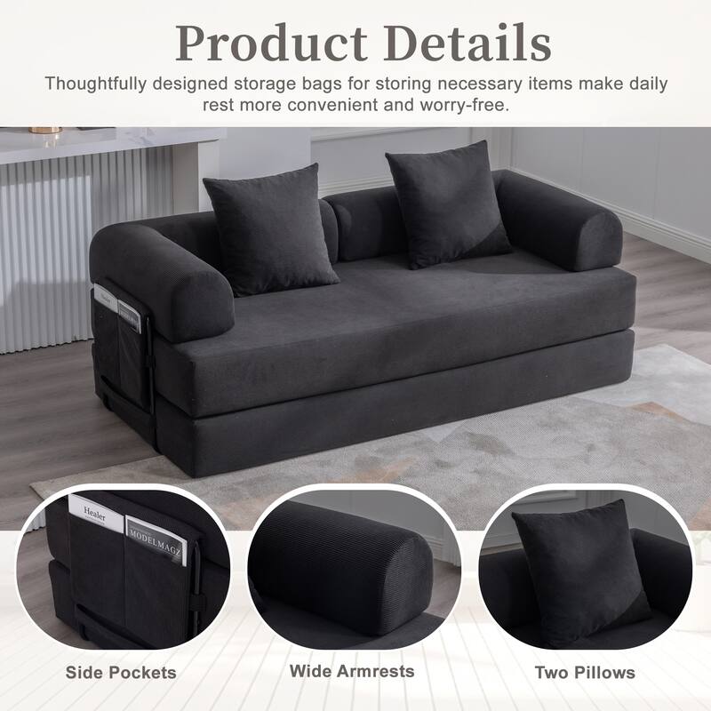 Foldable Modular Couch Sleeper Loveseat Sofa Bed with Storage Side Pocket, Detachable Metal Frame and Corduroy Fabric Cover