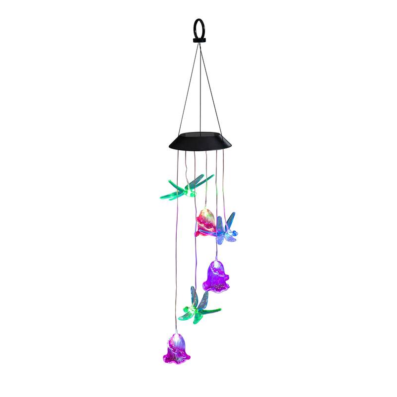27 in. Dragonflies and Flowers Color-Changing Solar Mobile