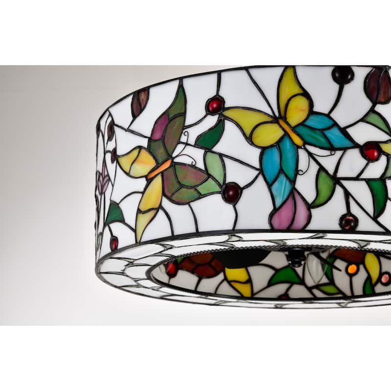 Jorga 6-light Tiffany Glass Fandelier Lighted Ceiling Fan Butterfly Design Remote Control - White-MultiColor