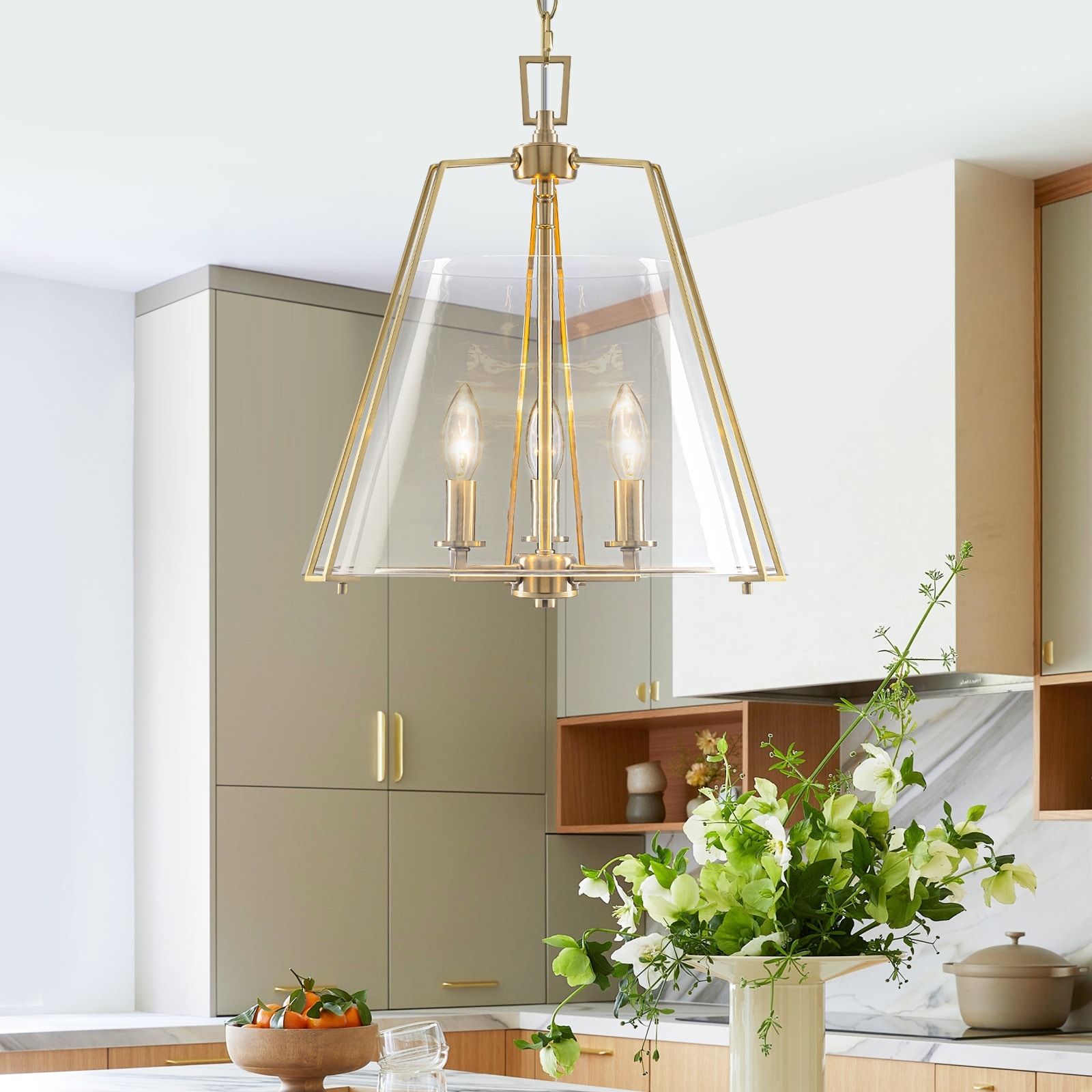 3-Light Modern Lantern Chandelier Tapered Clear Glass Dining Room - Dia.15.75-in