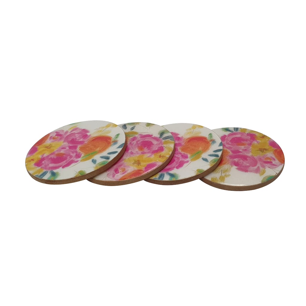 Transpac Wood 4 in. Multicolored Floral Coaster Set of 4