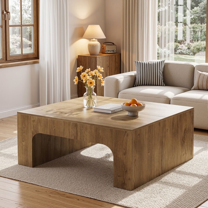 39.37" Square Wooden Coffee Table, Rustic Large Center Cocktail Table