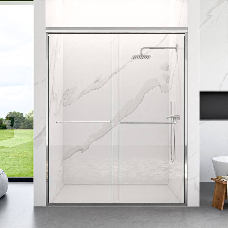 GDFStudio - Modern Semi-Frameless Double Sliding Shower Door with 1/4" SGCC Tempered Glass & Stainless Steel Handle