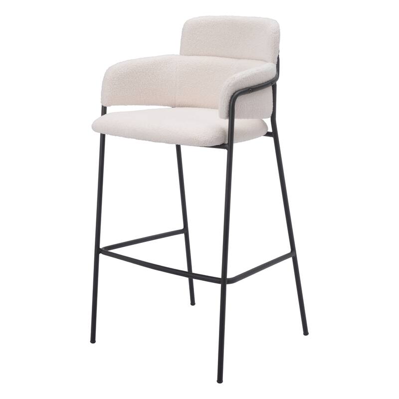 HomeRoots Set of Two 30" Cream and Black Faux Shearling and Steel Bar Height Bar Chairs