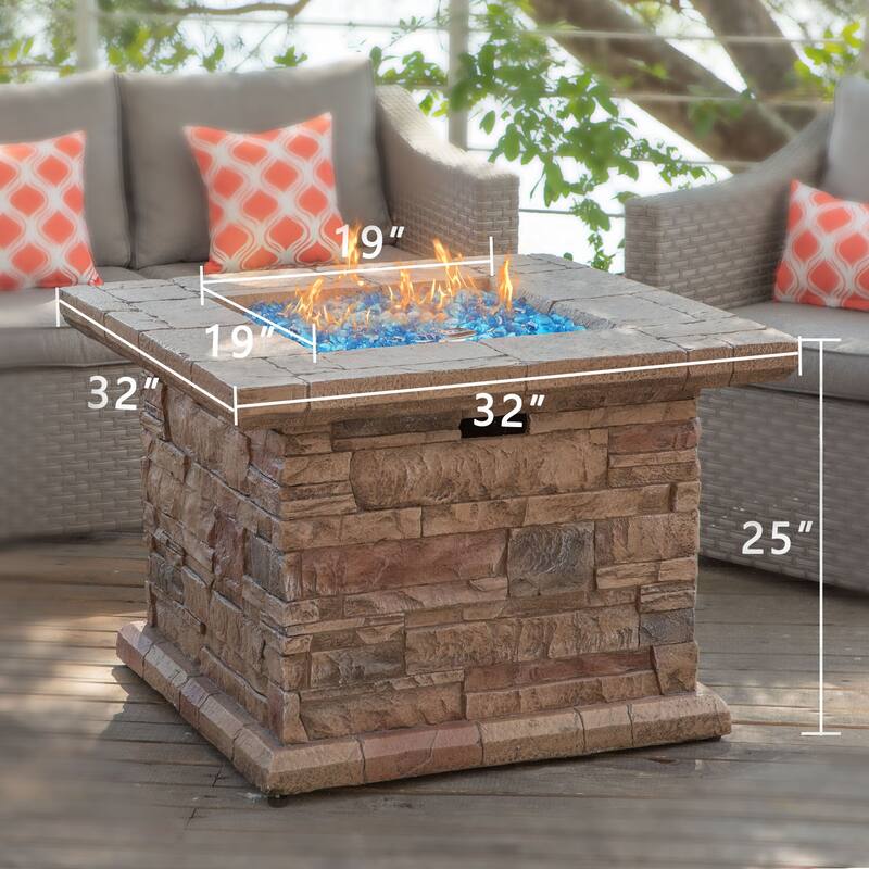 COSIEST Outdoor Square Propane Fire Pit Table w Faux Brown Ledgestone - 32" W x 32" D x 25" H
