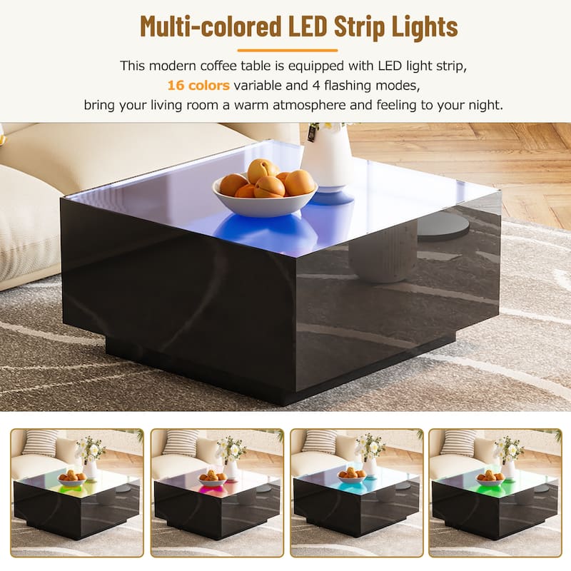 Square High Glossy Coffee Table with LED Strip Lights and Tempered Glass Top