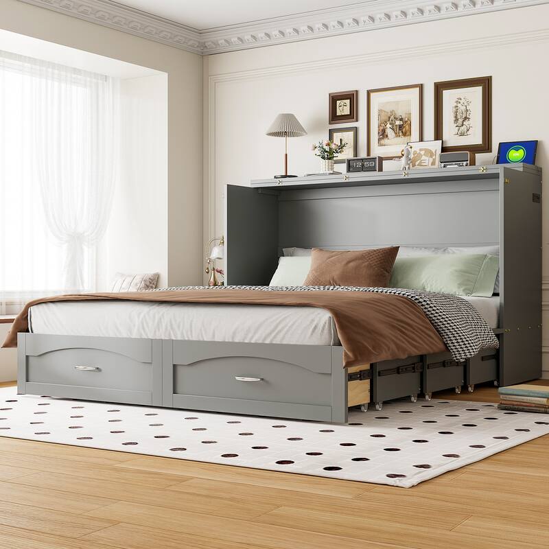 Folding Murphy Bed Queen Size Wall Cabinet Bed with Storage Drawer, Charging Station and Pulley Structure Design