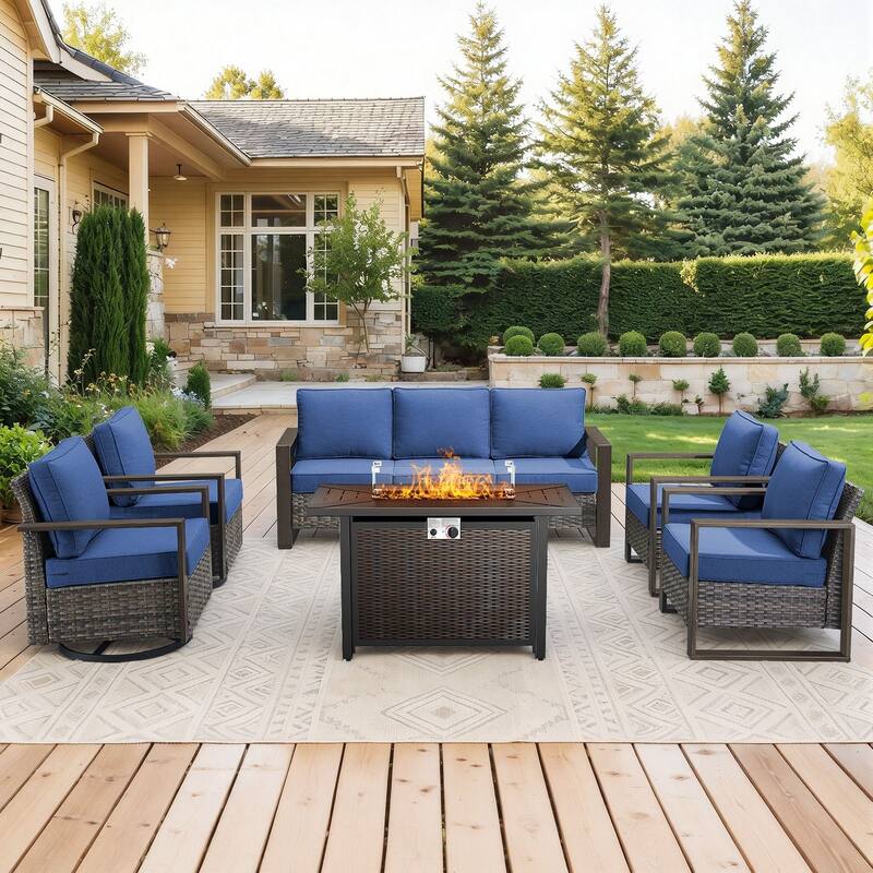 Meyreso Wicker Outdoor Patio Metal Fire Pit Set with Swivel Gliders and Olefin Cushions