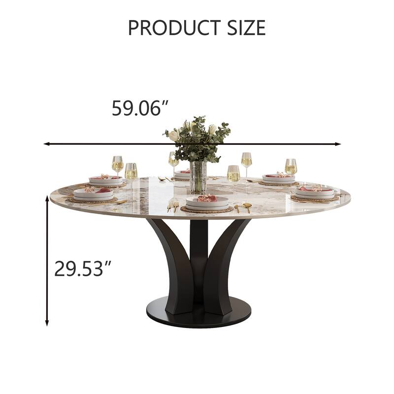 59" Round Sintered Stone Dining Table for 6-8, Glossy Pandora Table top