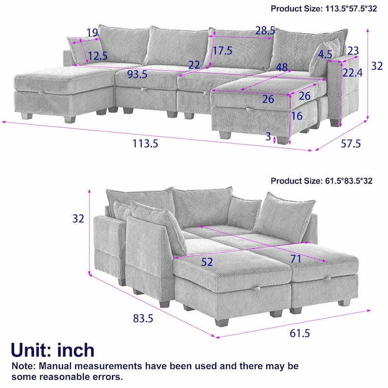 Roomfitters 113.5" Modular Corduroy U-Shaped Sectional Sofa, 6-Seater Convertible Couch with Chaise and Storage Ottoman