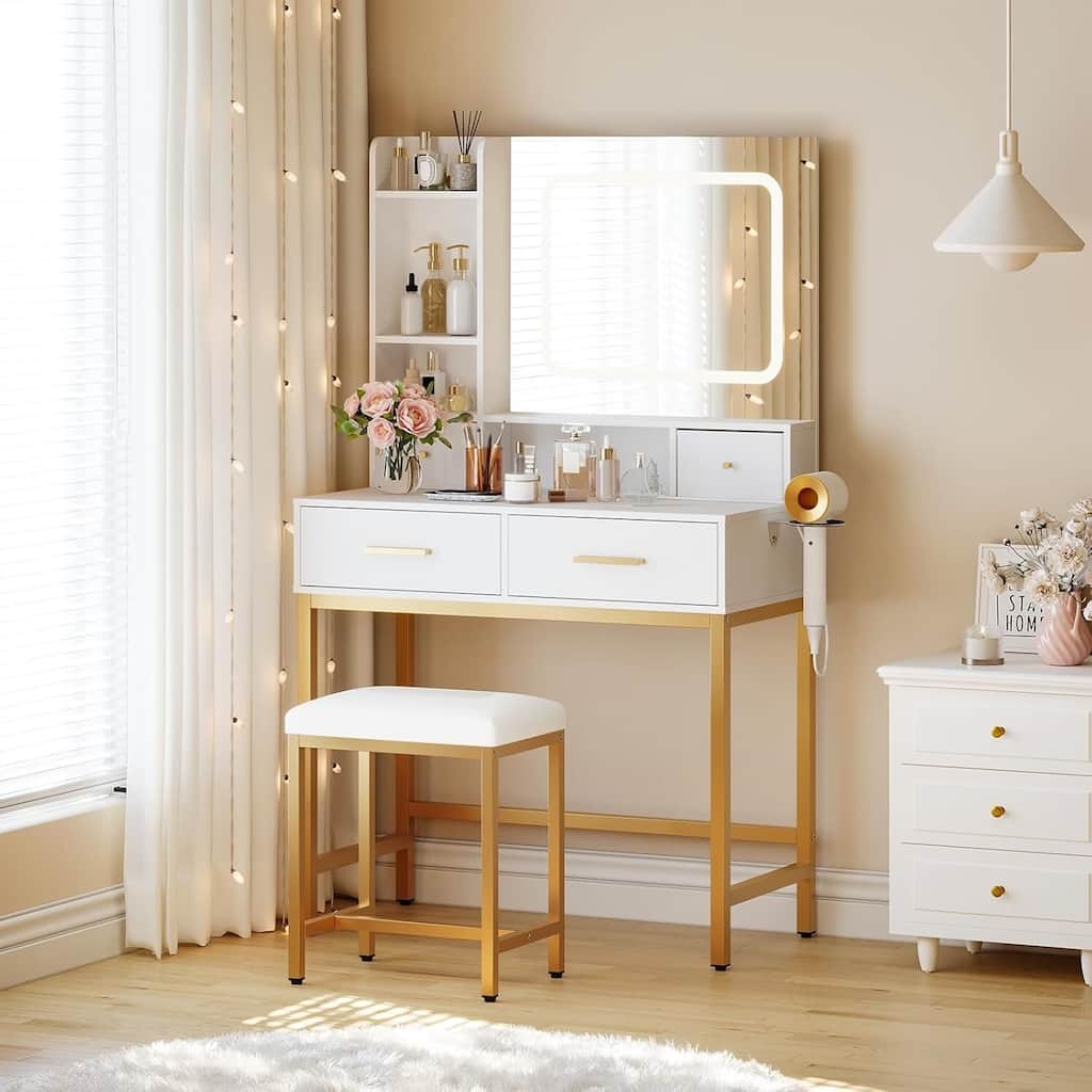 Makeup Vanity Desk with Mirror and Lights for Bedroom, Dressing Room