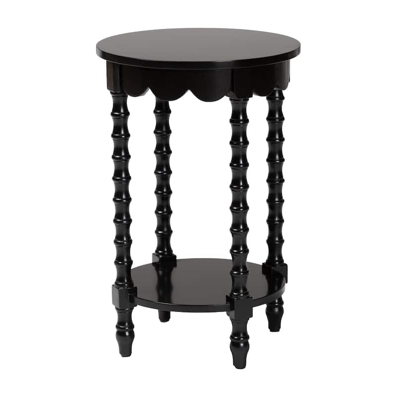 Sally Round Nightstand with Bamboo Inspired Legs - Scalloped Bedroom Side Table with Open Shelf - Black