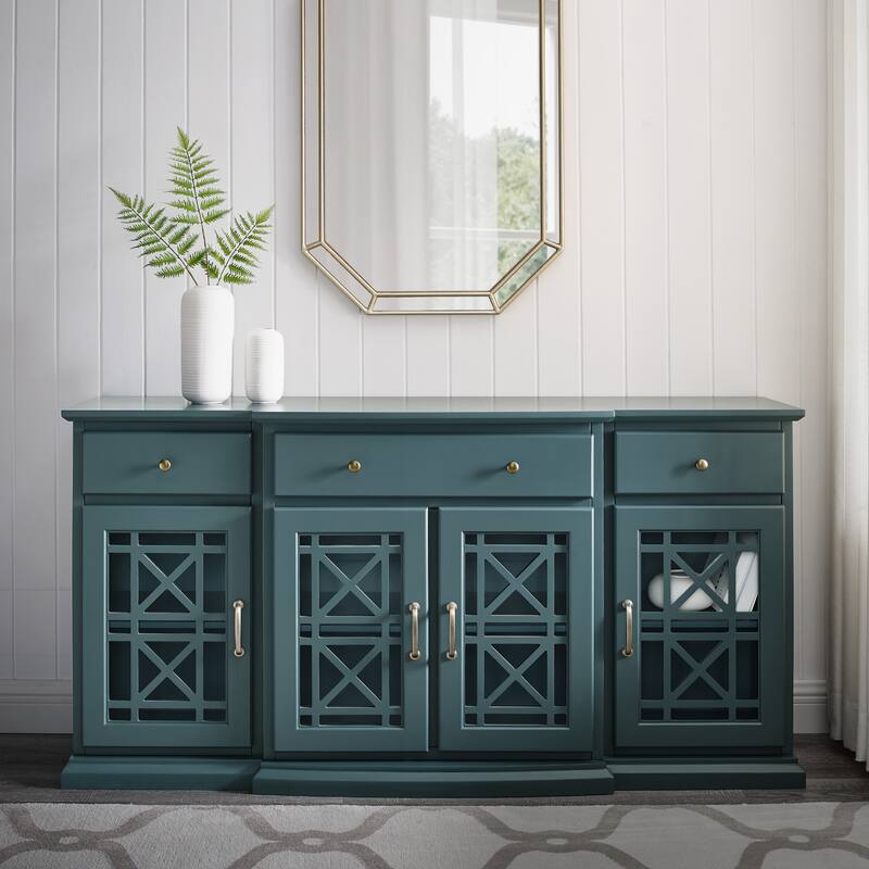 Classic Fretwork Detailed Glass-Door Sideboard for Living Room, Bedroom and Office