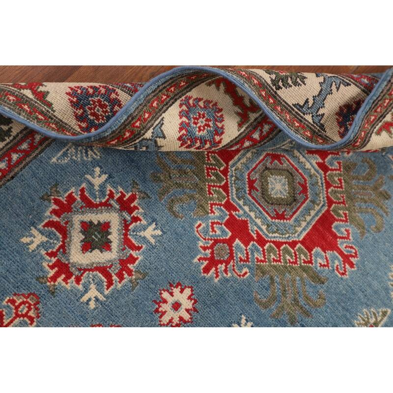 Blue Geometric Kazak Foyer Rug Hand-Knotted Oriental Wool Carpet - 3'4" x 4'11"