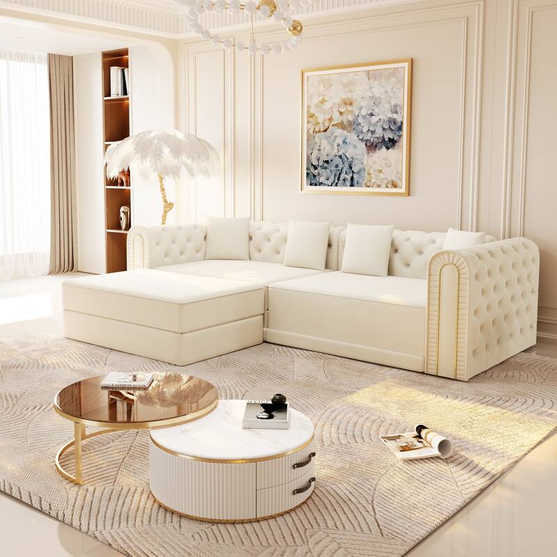 GDFStudio - 90.6" 3-in-1 Convertible Velvet Sleeper Sofa with Movable Ottoman - Beige+White