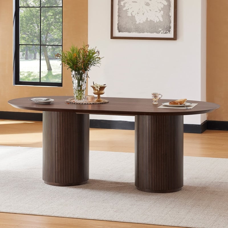 Spruce & Spring 78 inch Large Oval Formal Dining Table for 6-8 with Greek Column Leg - Walnut