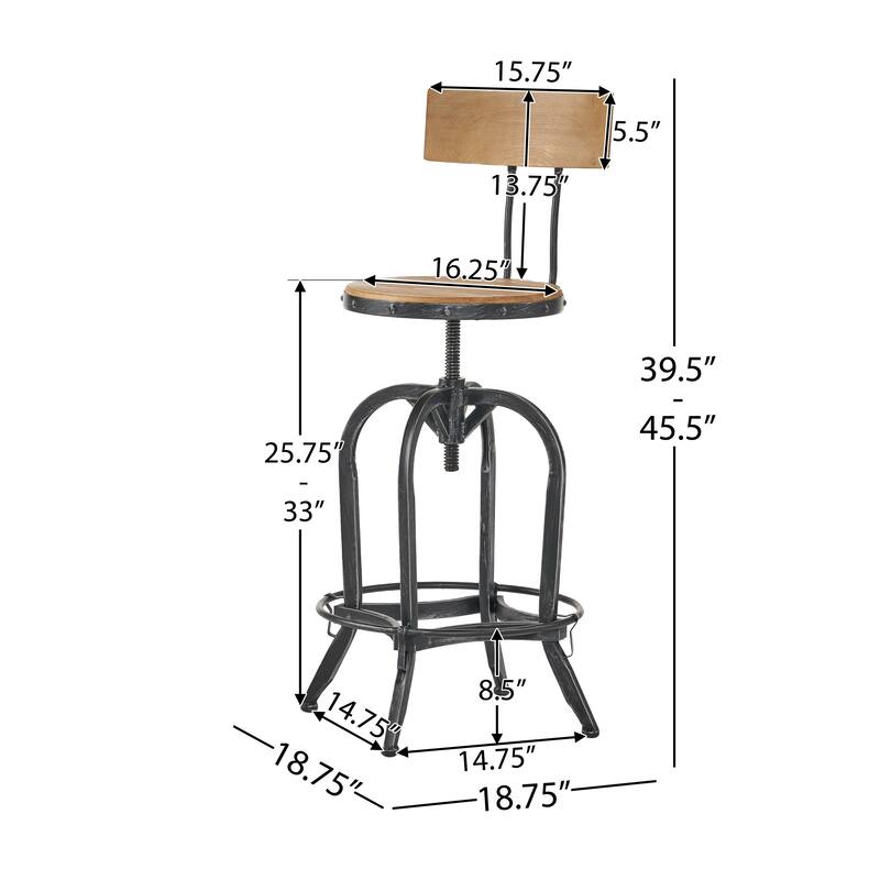 Roomfitters Industrial Adjustable Bar Stool with Wood Seat and Backrest, Swivel Metal Frame with Footrest, Natural Black