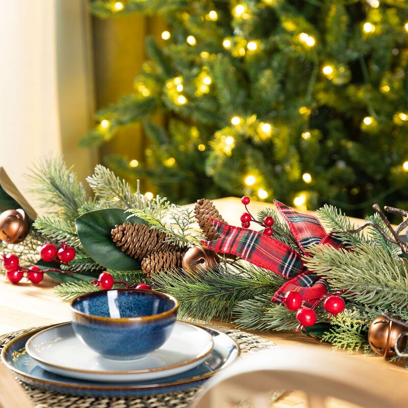 Glitzhome Christmas Bell Pinecone & Berry Bow Wreath Teardrop Garland Wall Decor