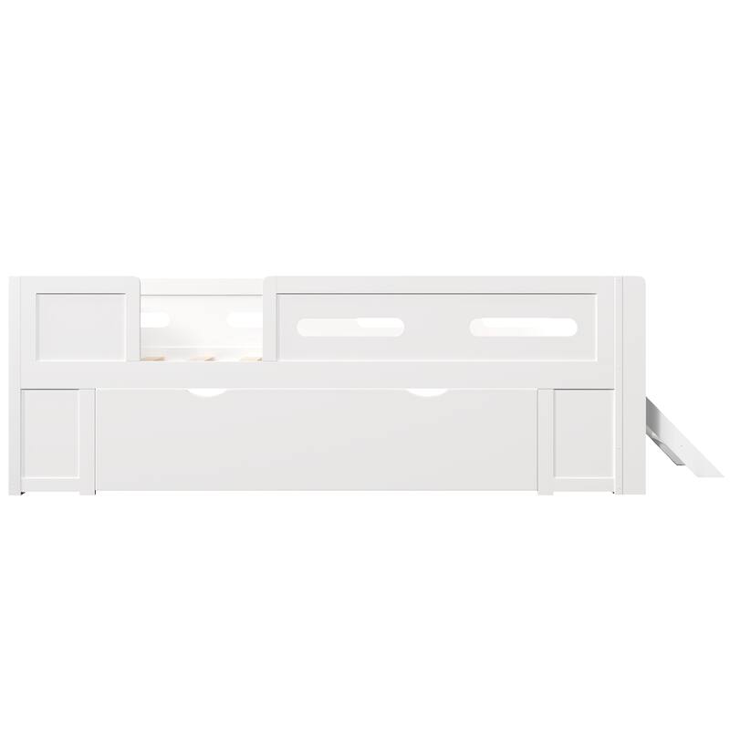 Roomfitters Full/Twin Size Wood Platform Bed with Underbed Storage Drawer and Safety Guardrails, Modern Low Loft Frame