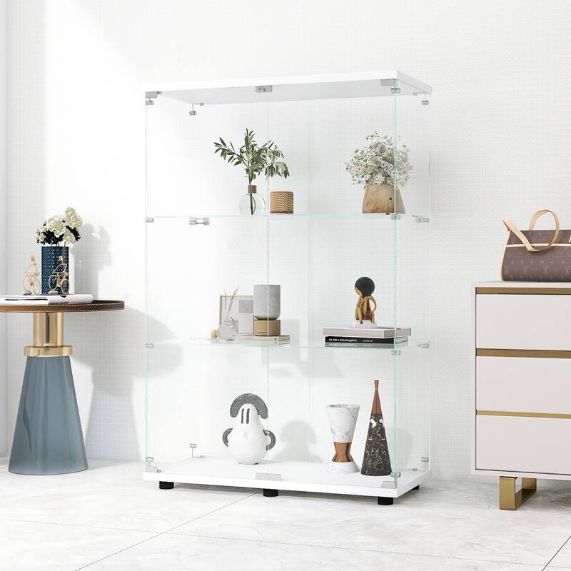 One-Door Glass Display Cabinet with 3 Shelves, Floor Standing Curio Bookshelf with Tempered Glass for Living Room Bedroom Office - White - 2-Door 3-Shelves